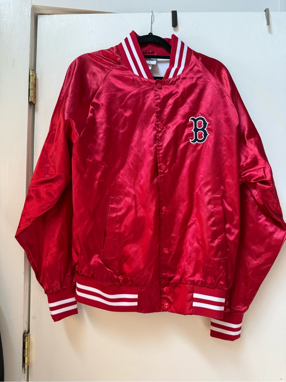 Augusta Sportswear Red Satin Bomber Jacket with Striped Trim